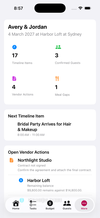 Day-of Command Center showing confirmed guests, timeline items, vendor actions, and meal gaps.