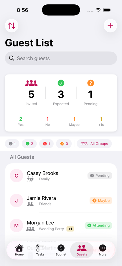 Guest List screen showing invited, expected, pending, and RSVP status counts.