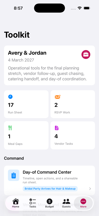 Aislebook Toolkit screen showing run sheet, RSVP work, meal gaps, and vendor tasks.