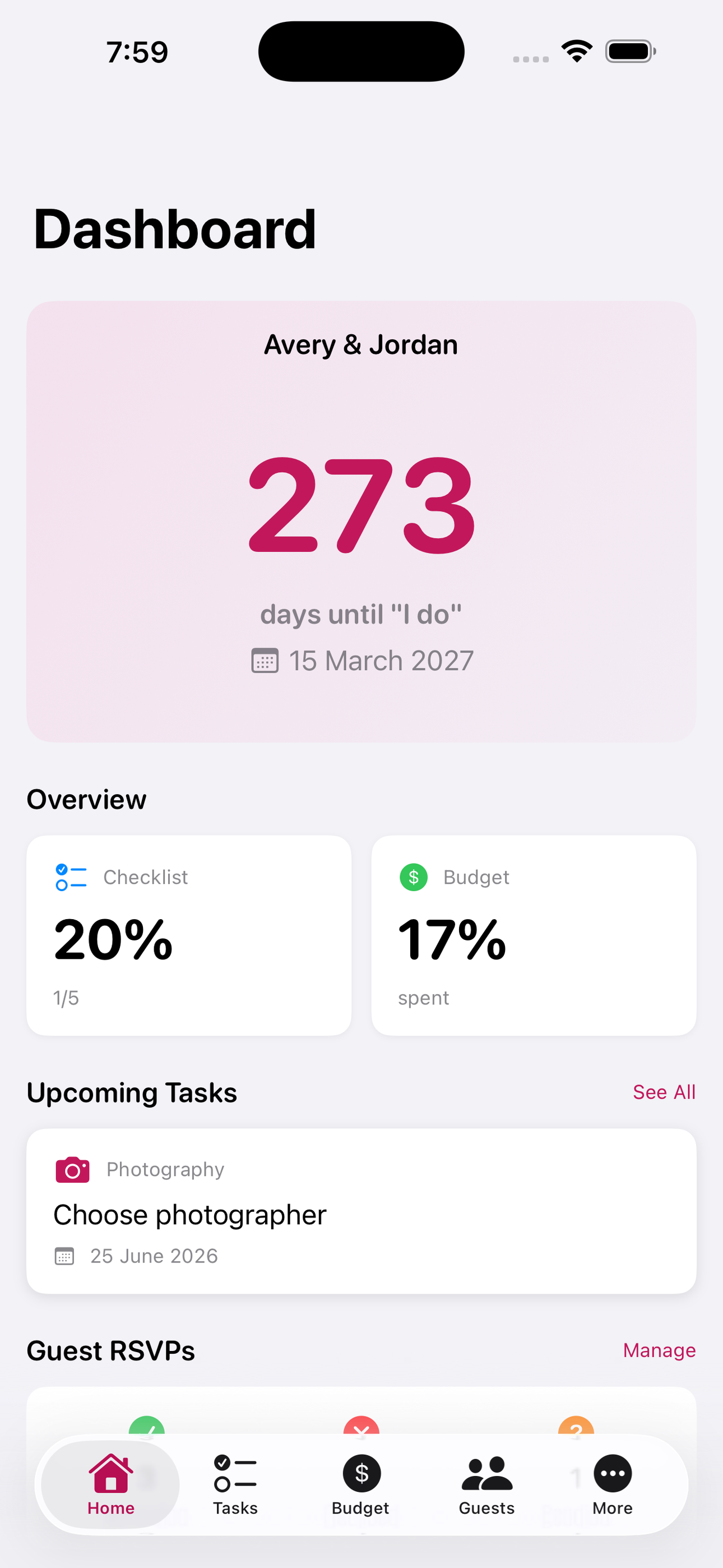 Aislebook wedding dashboard showing a countdown to the wedding day and overall planning progress.