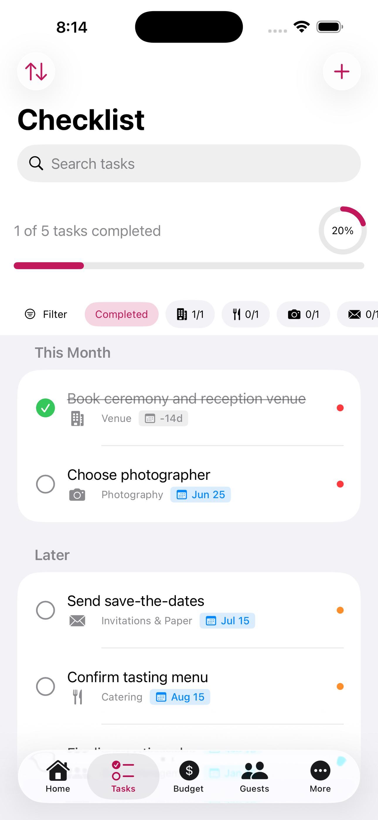 Wedding checklist grouped into categories, with due dates and priority markers on each task.