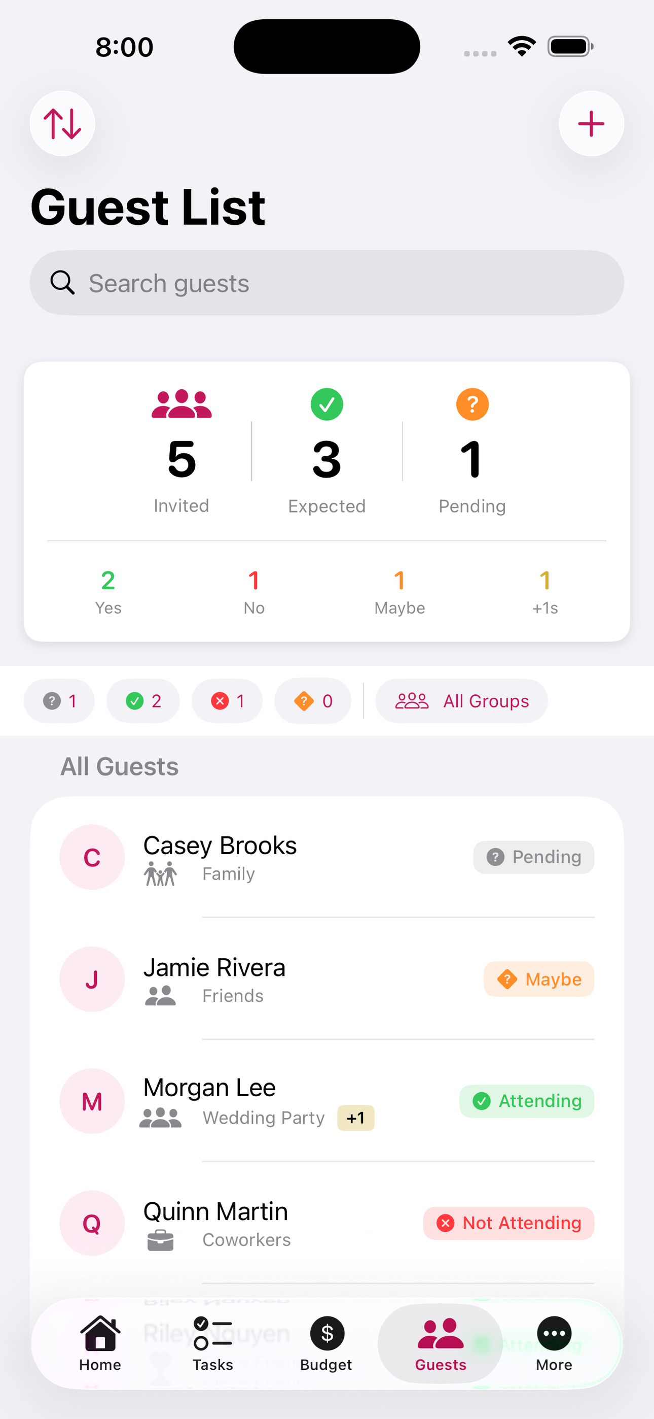 Guest list showing RSVP status, meal choices, dietary notes, and plus-ones for each guest.