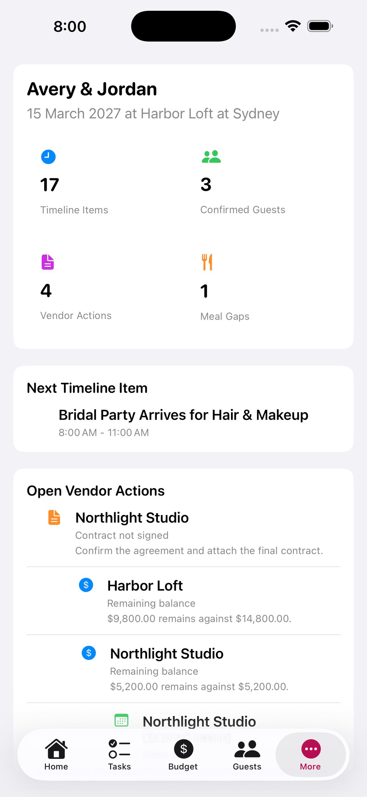 Day-of command center showing the wedding-day timeline, confirmed guests, vendor actions, and meal gaps.